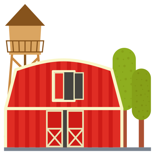 icon of red striped farm with trees