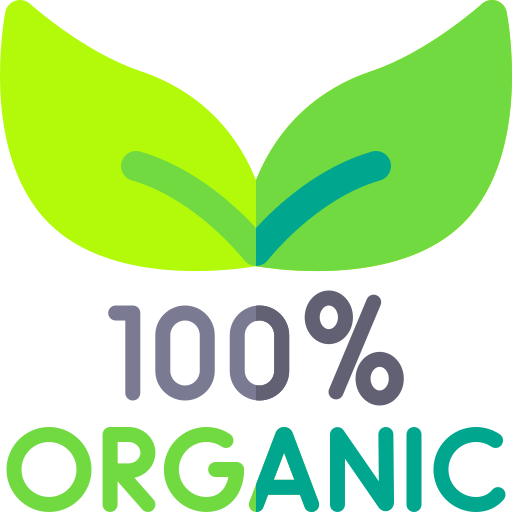icon of leaves and text "100% organic"