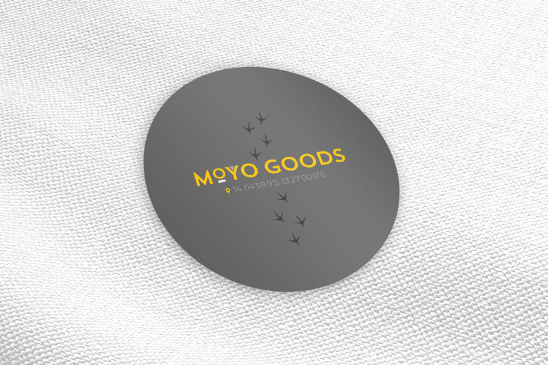 MOYO goods circle sticker yellow text with Guinea Fowl trackers