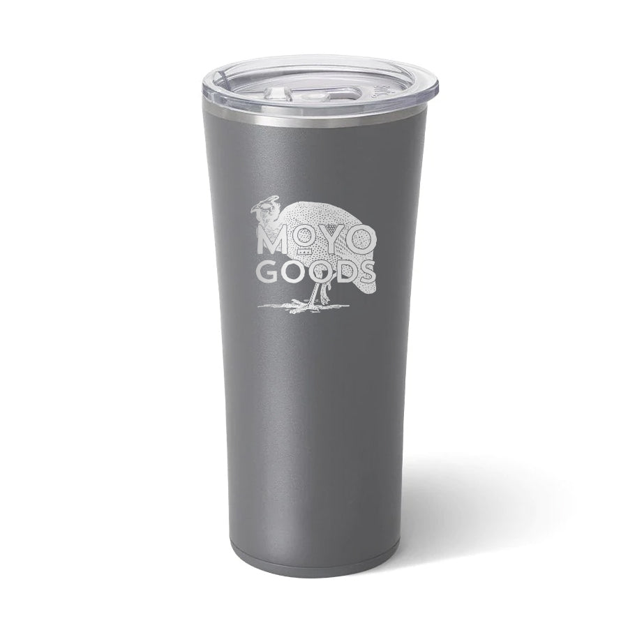 Gray MOYO goods tumbler with silver logo and Guinea Fowl